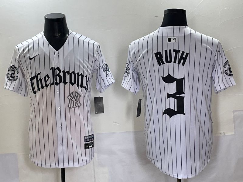 Men 2025 New York Yankees 3 Ruth White Stripe Five generations Joint Name Nike MLB Jersey style 010